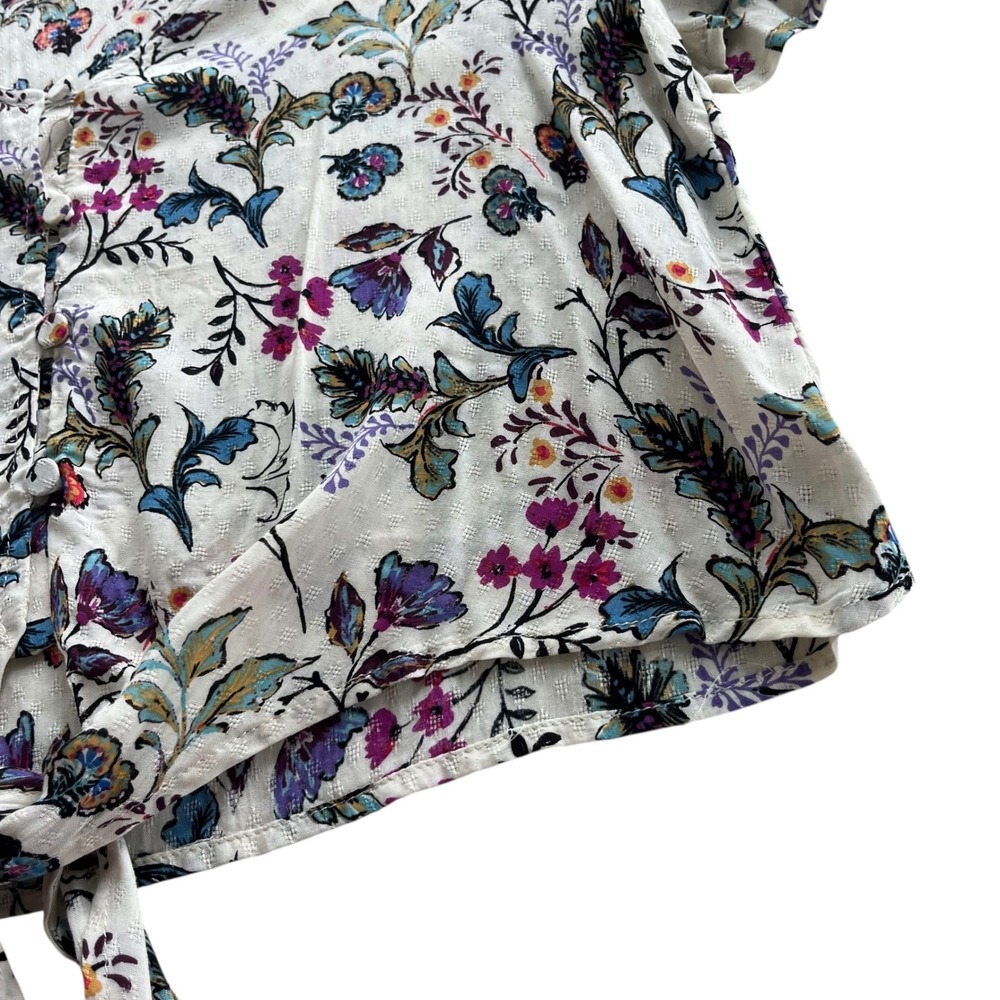 ONE Clothing LA Women's XS Cream Pink Floral Tie Front Short Sleeves Crop Blouse - Picture 9 of 16